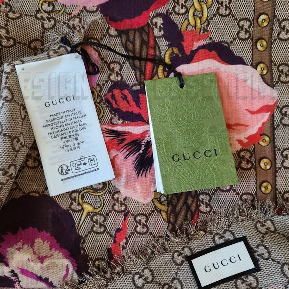 GUCCI pink Oshibana Flowers PANSHIE GG gold Chains giant 53"-square wool scarf - Picture 3 of 10